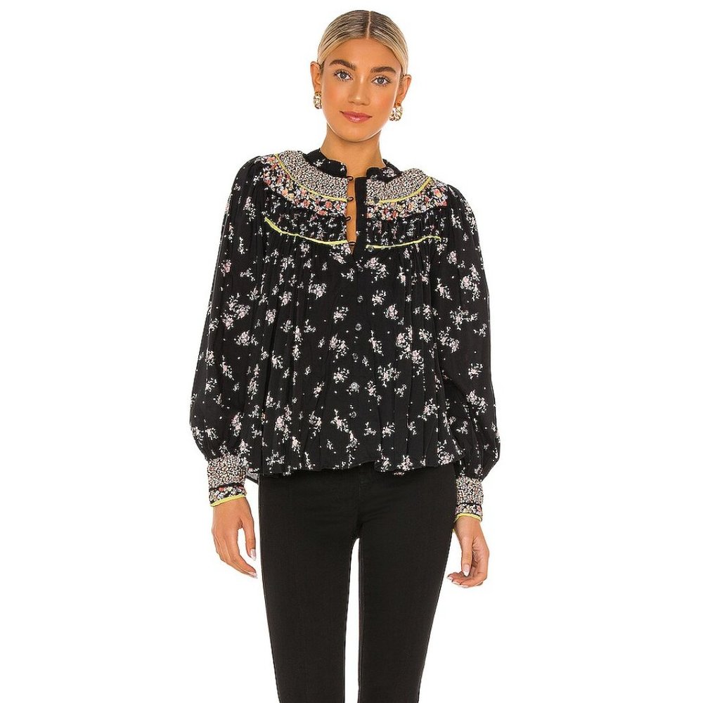 Free People Printed Blouse - Black with Flowers - NWT - Large